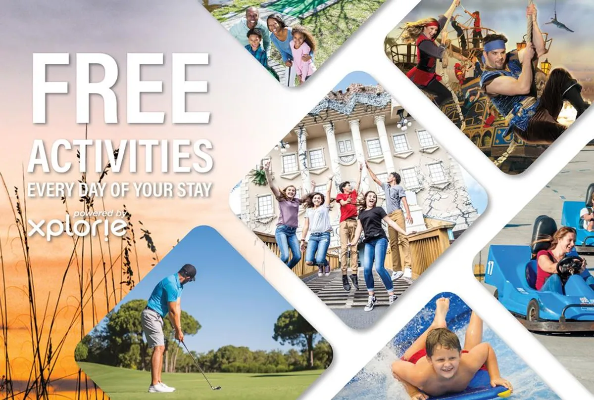 Families and children are seen enjoying a variety of activities, including playing in water, golfing, and experiencing fun rides. The scene is energetic and vibrant, representing family outings and the thrill of nearby attractions.